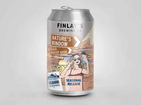 Beer can with illustration of woman taking selfie in front of Nature's Window Kalbarri