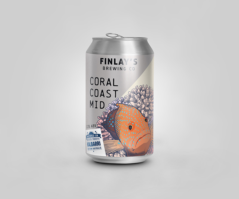 Beer can with orange coral trout fish on the front and coral.